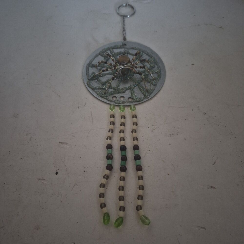 Handcrafted Beaded Spider On Web Suncatcher Tan/Black